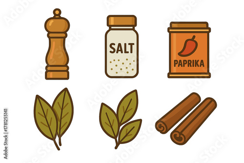 Set of kitchen seasoning ingredients including salt, pepper, paprika, and cinnamon