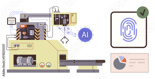 Industrial machine with AI processing, fingerprint biometrics, and data dashboard for efficiency. Ideal for technology, automation, AI, security, innovation industry data analysis. Clean flat