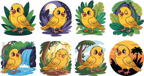 Cute Cartoon Yellow Birds in Various Natural Settings and Night Sky Scenes canary