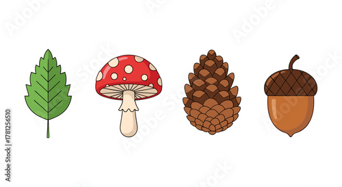 Colorful nature icons featuring leaf, mushroom, pine cone, and acorn in flat style