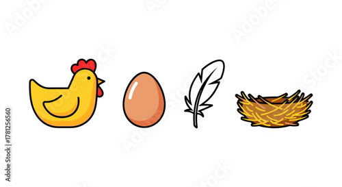 Cute cartoon chicken, egg, feather, and nest in simple flat design