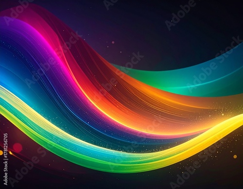 Vibrant rainbow wave light streaks on dark background with sparkling particles