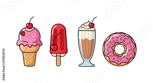 Colorful dessert icons: ice cream, popsicle, milkshake, donut with cherry