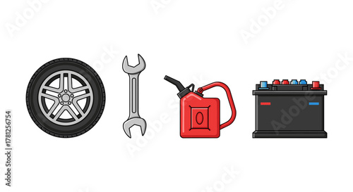 Car maintenance essentials: tire, wrench, fuel can, and battery icons