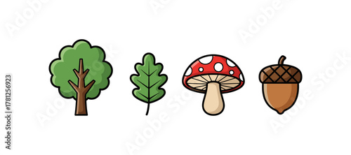 Cartoon nature icons: tree, leaf, mushroom, acorn for kids and design