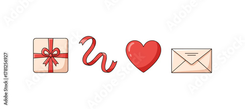 Cute love-themed icons set featuring ribbon, heart, gift, and envelope