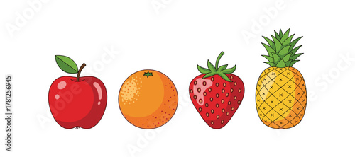Colorful fresh fruits: apple, orange, strawberry, and pineapple
