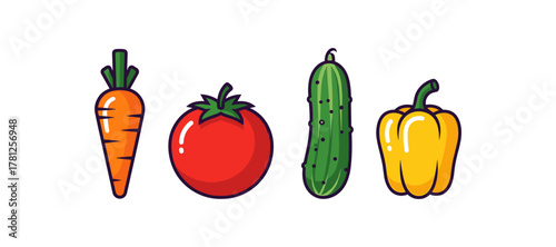 Colorful cartoon vegetables with carrot, tomato, cucumber, and bell pepper