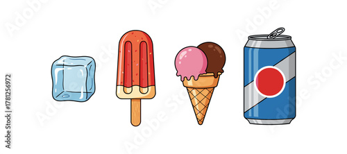 Refreshing drinks and sweet treats: ice, ice cream, popsicle, soda can cartoon