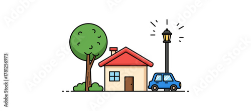 Charming suburban scene with house, car, tree, and lamp post in flat style