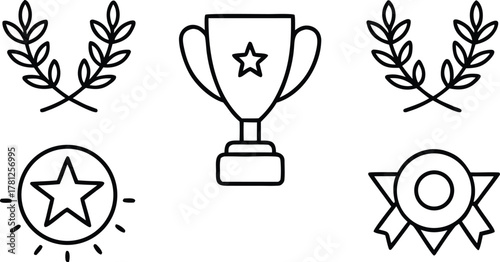 Trophy, laurel wreath, star, and medal achievement outline icons