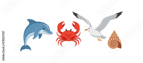Colorful marine animals and seashells: dolphin, crab, seagull, and nautilus