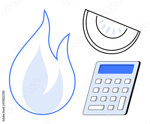 Fire flame, calculator, and watermelon slice emphasizing contrast between energy, logic, and freshness. Ideal for sustainability, energy, finance, analysis summer calculation and environment