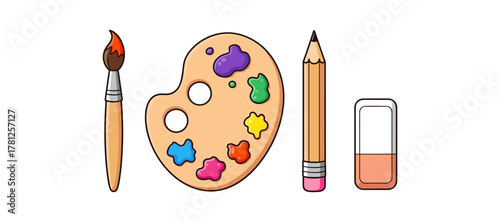 Art tools flat design: palette, brush, pencil, eraser in bright colors