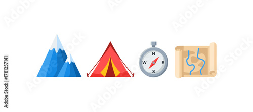 Adventure camping icon set: mountain, tent, compass, and map