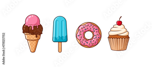 Colorful cartoon dessert icons featuring ice cream, popsicle, donut, and cupcake