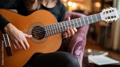  Young girl happily playing an acoustic guitar against a neutral background with copy space