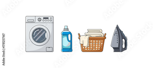 Laundry essentials: washing machine, detergent, laundry basket, and iron set