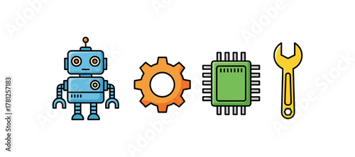 Colorful tech icons: robot, gear, microchip, wrench for technology concepts
