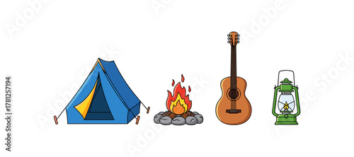 Camping essentials: tent, campfire, guitar, lantern in colorful design