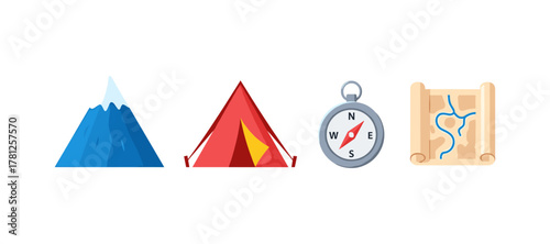 Colorful camping icons: mountain, tent, compass, map for outdoor adventure