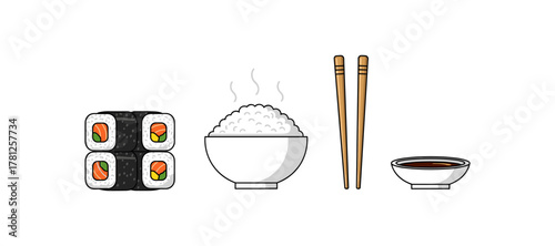 Japanese cuisine essentials with sushi, rice bowl, chopsticks, and soy sauce dish
