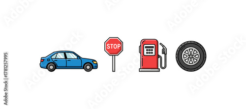 Set of car elements: sedan, stop sign, fuel pump, wheel icon collection