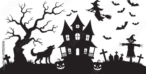 Halloween Silhouettes – Haunted House, Witch, and Bat Vector Pack