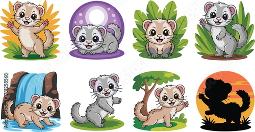 Playful Cartoon Ferrets in Natural Scenes and Night Sky Silhouettes cute illustration