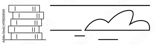 Stack of books beside lines and cloud evokes knowledge, learning, literature, education, information storage. Ideal for education, publishing, libraries, cloud computing data management digital