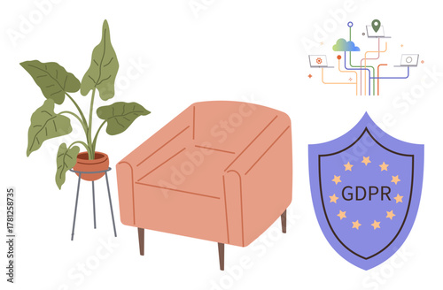 Orange armchair, potted plant, blue GDPR shield, and data network lines reflect security, privacy, and modern comfort. Ideal for technology, regulation, compliance data safety privacy rights