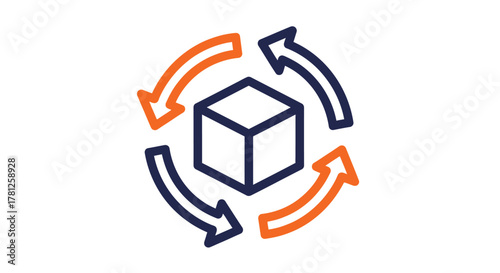 Rotating arrows encircling a geometric cube a minimalist design silhouette