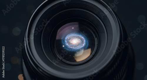 Lens reflecting a galaxy in the dark, concept of photography and universe