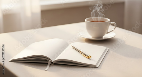 Open notebook with pen and cup of hot tea on table in morning light