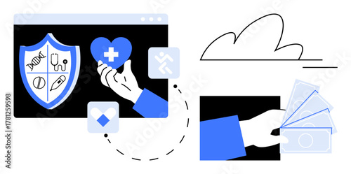 Hand holding heart symbol beside shield with medical icons, secure payment with cash exchange. Ideal for healthcare, insurance, digital services, finance, security, technology modern health. A