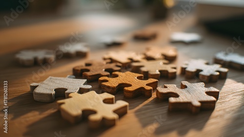 Scattered wooden jigsaw pieces rest on a sunlit surface with varied tones