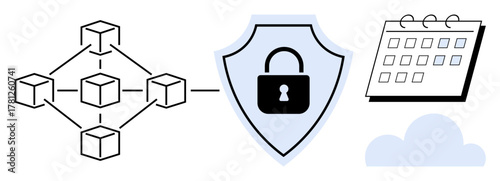 Blockchain network connected to shield lock for security, calendar for scheduling, cloud for storage. Ideal for cybersecurity, blockchain, technology, encryption, scheduling, cloud services data