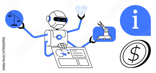 AI robot with scales, heart, automation arm, financial coin, and info symbol. Ideal for technology, ethics, robotics data analysis finance automation decision-making themes. Simple flat metaphor