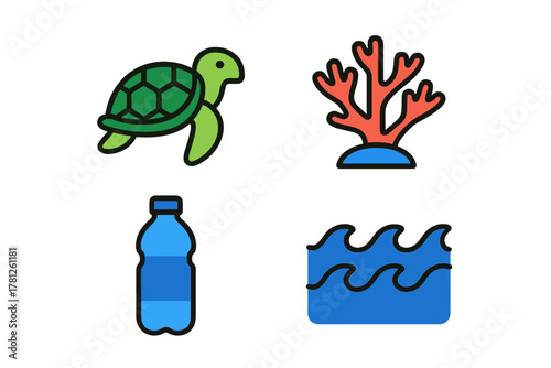 Sea turtle, coral, and plastic bottle symbols representing marine life and ocean pollution