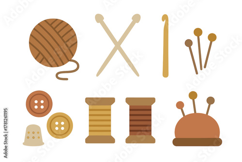 Essential crafting items collection for knitting and sewing: yarn, needles, thread, buttons, thimble