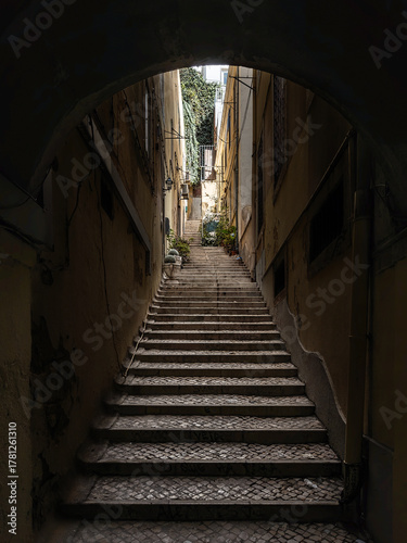 Lisbon street alleyway leading to residential building