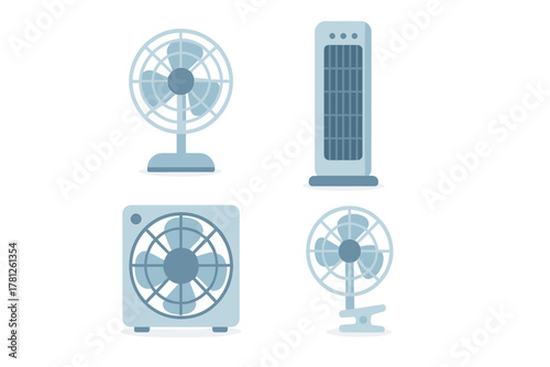 Collection of four electric cooling fans for indoor climate control and air circulation during summer heat