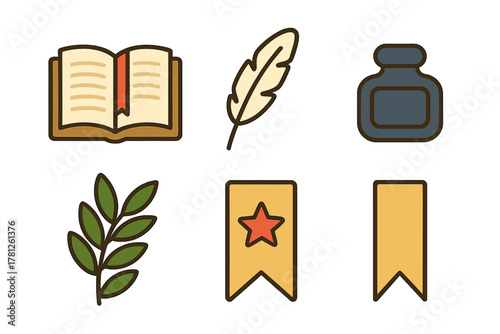 Literature and writing symbols featuring open book quill inkwell and bookmarks