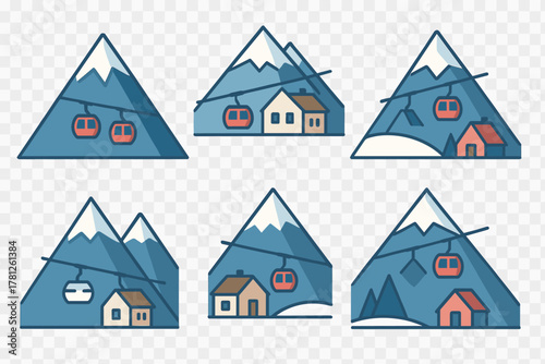 Stylized winter scenes with snowy mountains, ski lifts, and cozy chalets