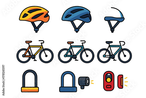 Essential cycling equipment set including helmets, bicycles, locks, and lights