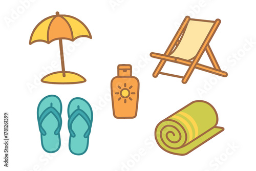 Essential summer beach items set with sun umbrella deck chair flip flops and sunscreen
