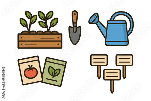 Essential garden supplies and equipment featuring young plants, shovel, watering can, and seed packets