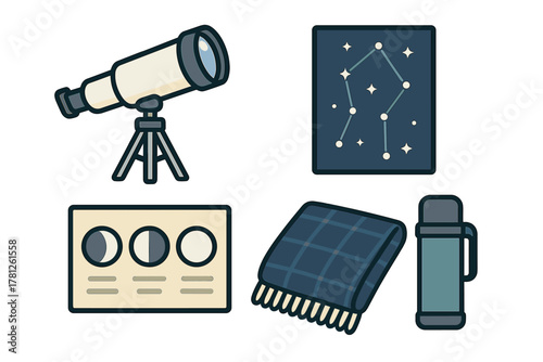 Essential equipment set for astronomy and stargazing featuring a telescope, constellation chart, and moon phases