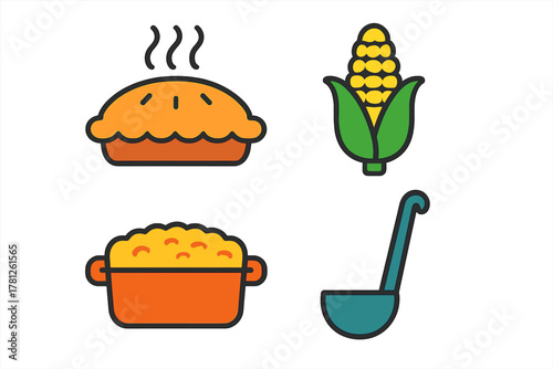 Traditional holiday meal elements including baked pie, fresh corn on the cob, savory casserole, and serving ladle