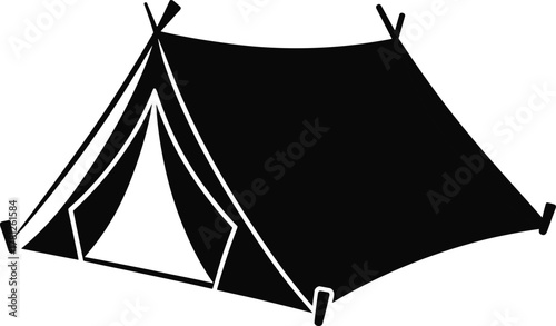 Camping tent, outdoor shelter, A-frame structure, black and white sketch, wilderness gear, travel icon, hiking equipment, flat vector illustration